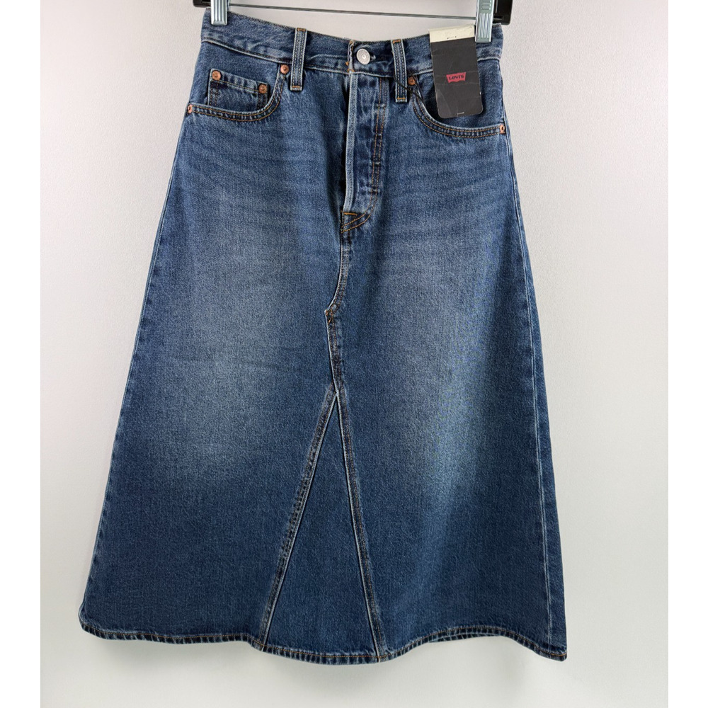 Levi's Premium Women Button Fly High Rise A-Line Jeans Skirt Size 24 Blue NWT